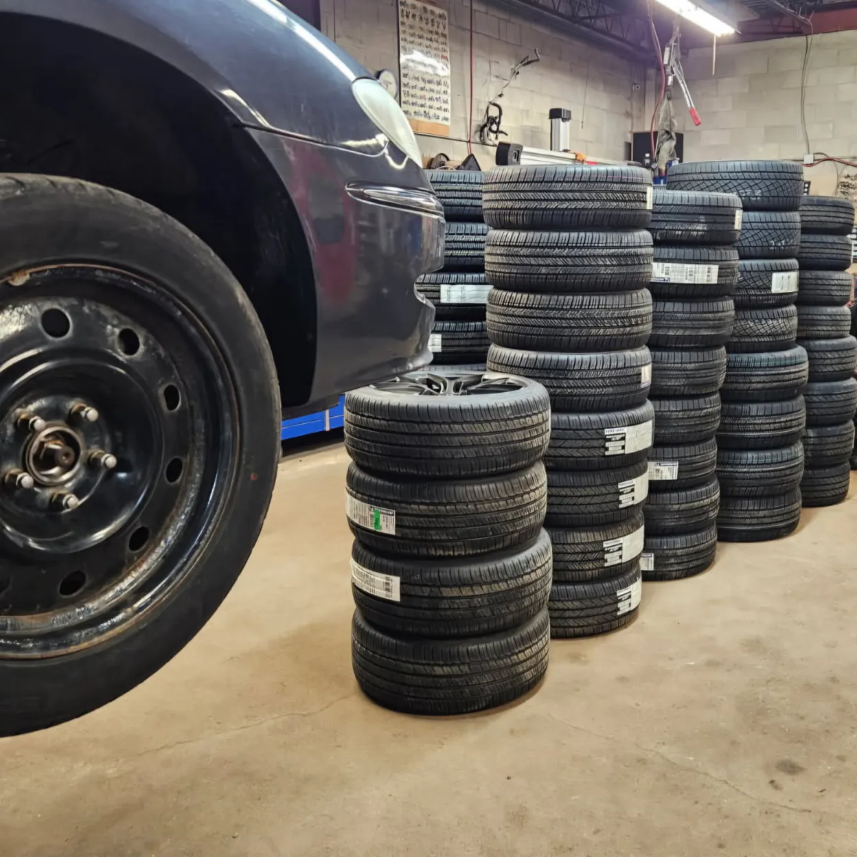 Fresh tire inventory ready for installation